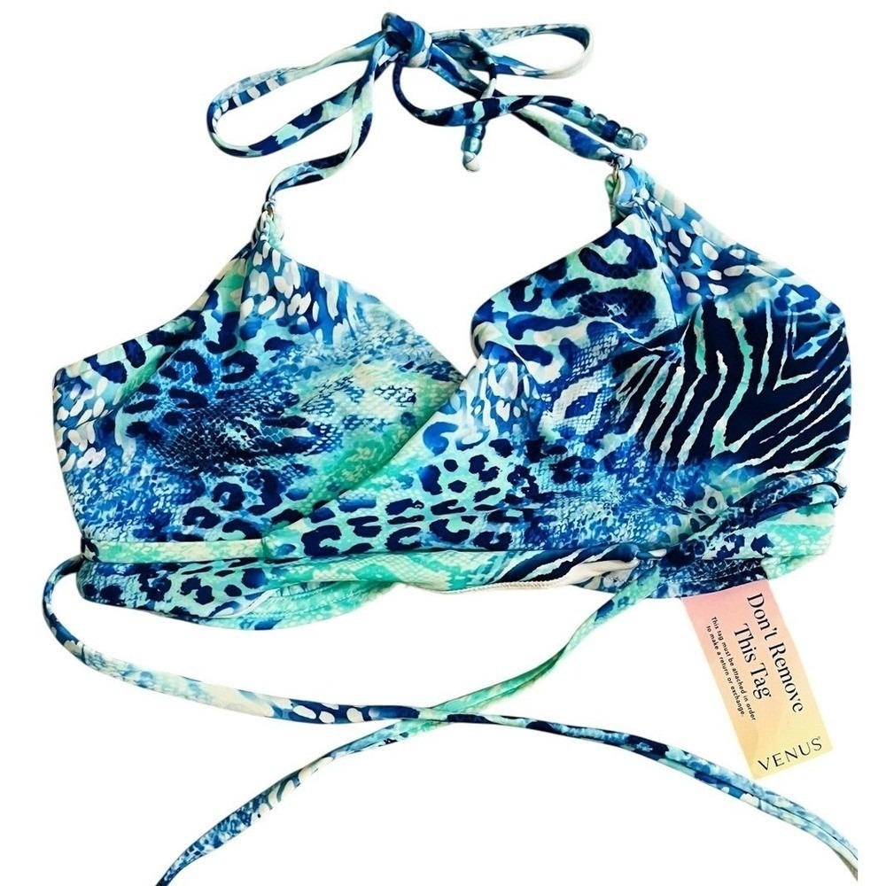 VENUS Strappy Wrap Underwire Bikini Top Womens 34DD Jungle Tides Blue Aqua NWT